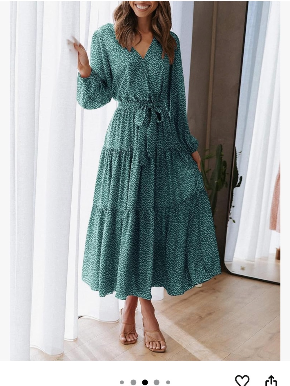 Green & White Patterned Faux-Wrap Bodice V-Neck Tiered Maxi Dress